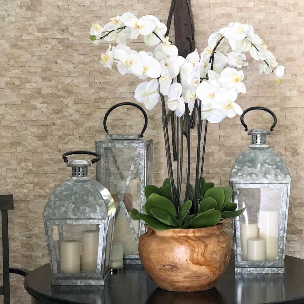 Große Schale aus Teakholz mit weißen Orchidee