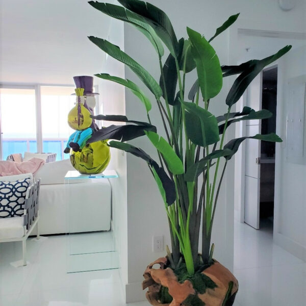 Große Blumenvase aus Teakholz mit prächtiger Strelitzie (Paradiesvogelblume)