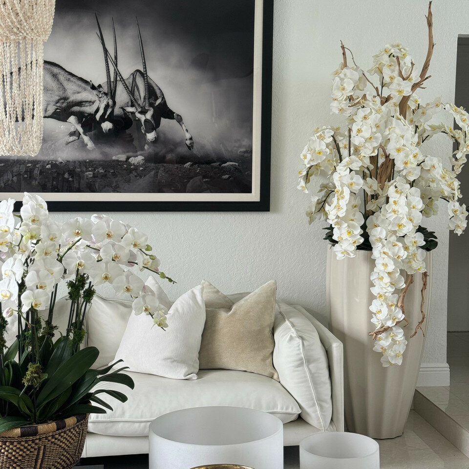 San Jose Blumenvase in sandigem Beige mit weißen Orchidee im Wasserfall-Design