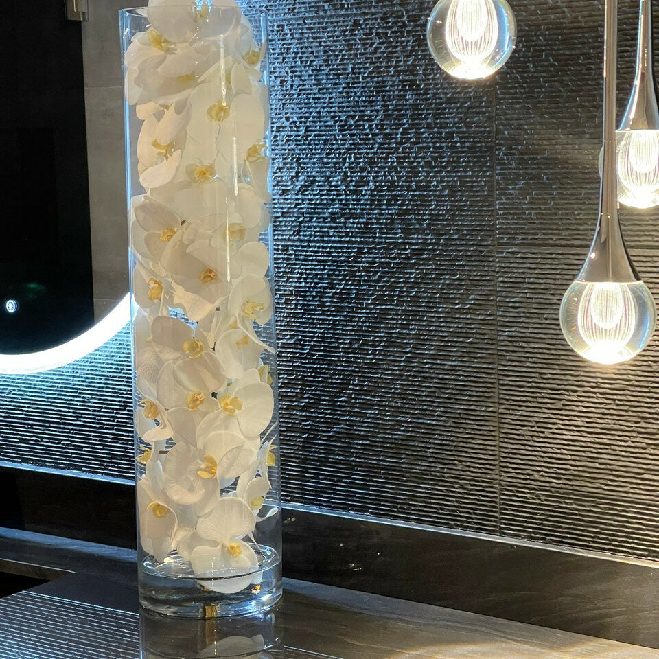 Glaszylinder mit weißen Phalaenopsis-Orchidee
