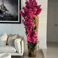Große Teakholzvase mit natürlichen Kanten und rosa Vanda-Orchidee
