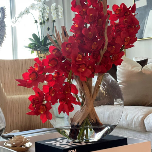 Rote Cymbidium-Orchidee im Mond-Pflanzgefäß